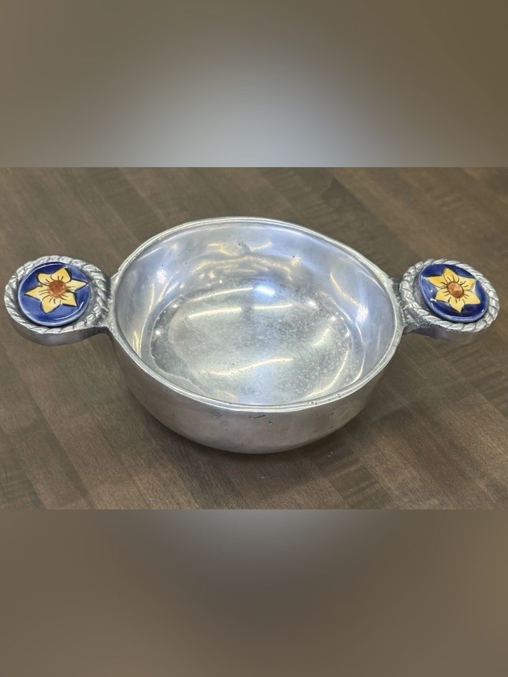 Handcrafted Mexican Pewter Bowl 5.5" Talavera Ceramic Handles Rustic Decor Serv